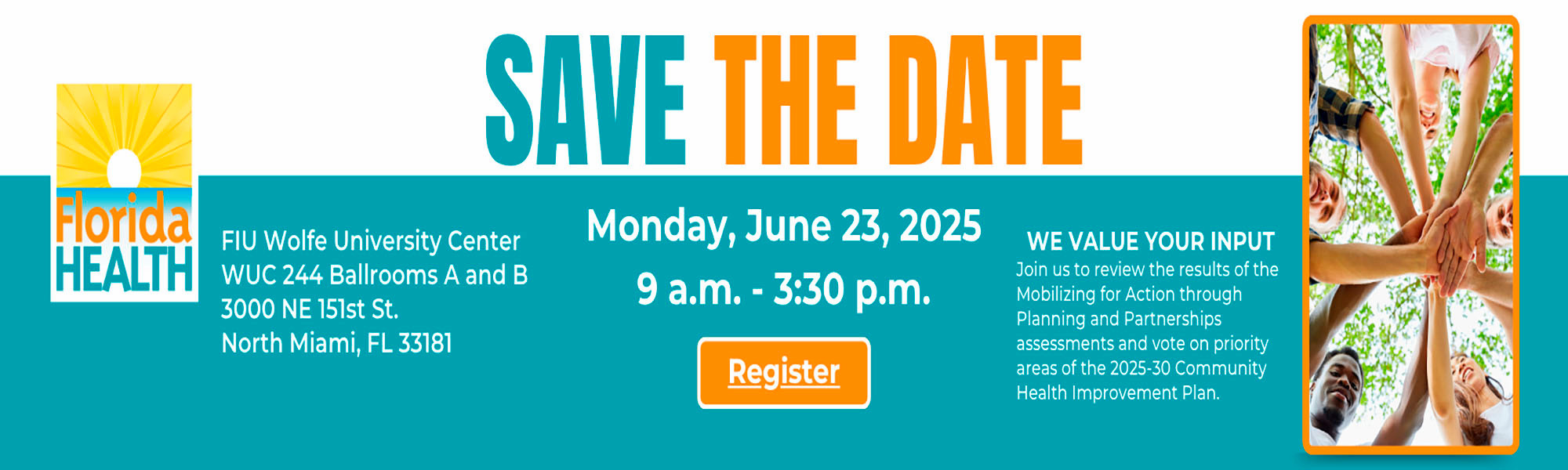 Invitation to register for the 2025-2030 Community Health Improvement Plan Event